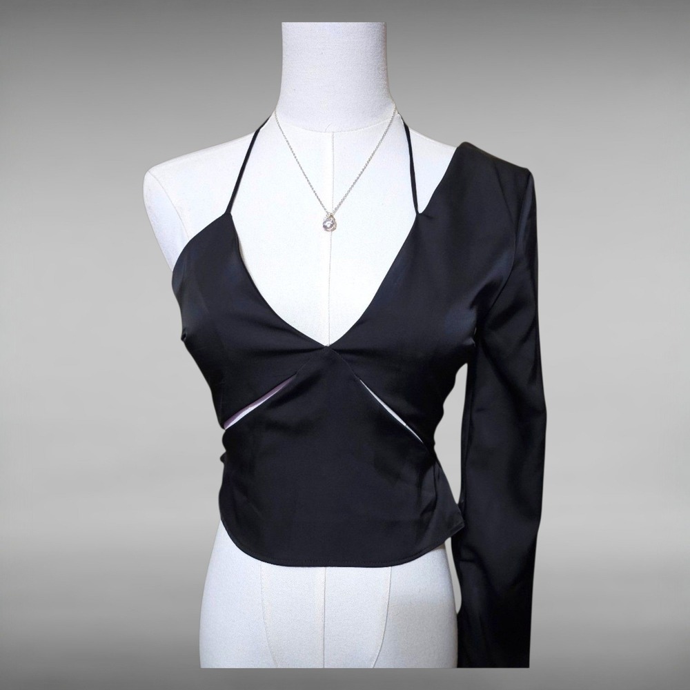 NWT Zara Goth Glam Satin Asymmetrical Cropped Halter One Sleeve Top Womens S